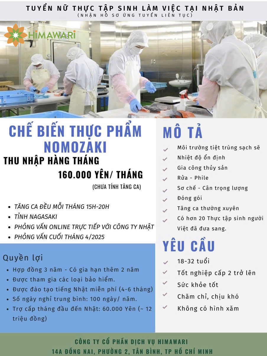 CHE BIEN THUC PHAM NOMOZAKI Thông báo tuyển Nữ chế biến thực phẩm tháng 04/2025